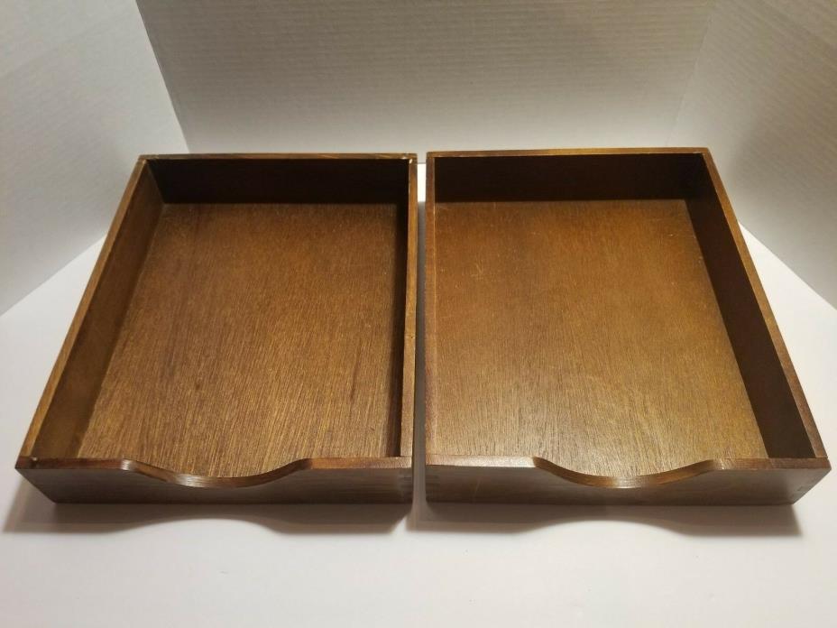 Vintage Wooden Dovetailed Desk Letter Mail Tray Box In-Out Set of 2