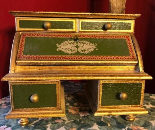 Vintage FLORENTINE ITALIAN SLANT TOP JEWELRY BOX Drop Front Key Locking Drawers