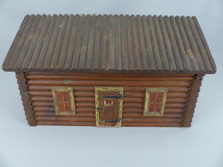 Vintage 1920's McGraw Cedar Wood Log Cabin Americana Trinket Jewelry Box as is