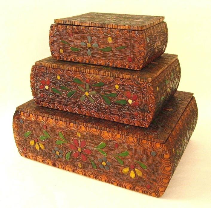 3 ANTIQUE FOLK ART PYROGRAPHY WOOD BOXES TRINKET STORAGE STACKING HAND PAINTED