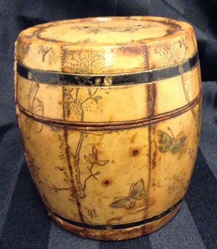 Antique Parchment Covered Wood Barrel Cigarette Box Japanese Style Signed Vienna