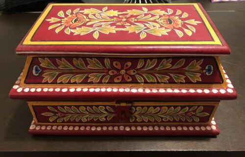 Hand-Painted 2007 Global Bazaar Red Folk Art Patterned Primitive Tiered Box