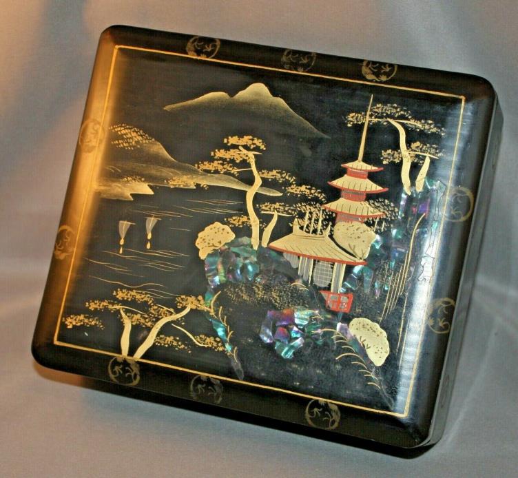 Vtg 50s Japanese Black Lacquer Jewelry,Trinket, Letter Box w Sell Inlay FREESHIP