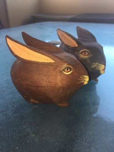 Hand Carved BUNNY Bunnies Rabbits Wooden Box Trinket Vintage