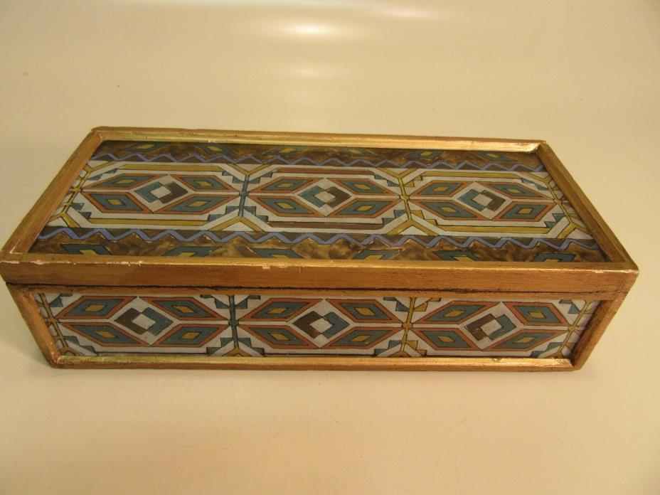 Vintage Wood Box With Glass  over drawing design  9'' by 4'' by 2 1/2'' tall