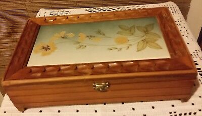 Nice Carved Wood Box, Lacquer Top, Velvet Lined, Hinged Lid 11 x 6 1/2 x 3 1/4