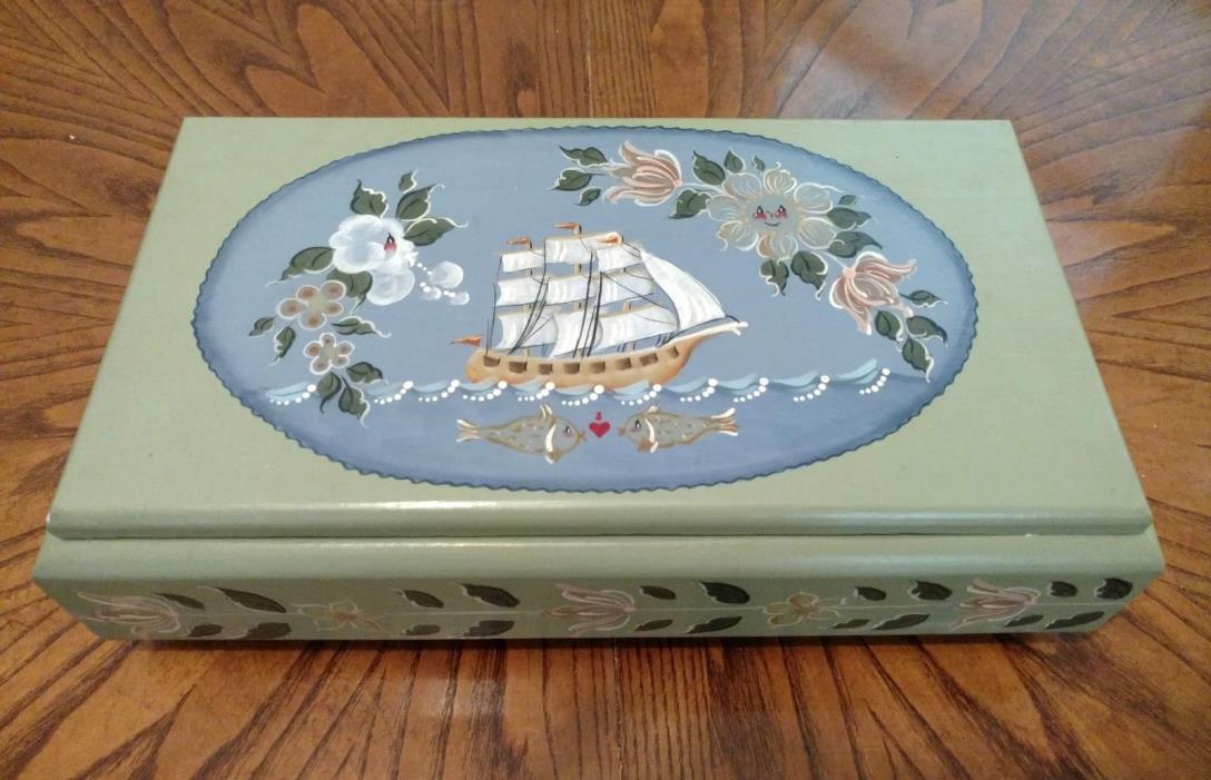 Large hand painted tole solid wood box folk art sailing ship & flowers