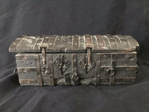 Antique Miniature Wooden Pirate Treasure Chest Signed Hinged Casket