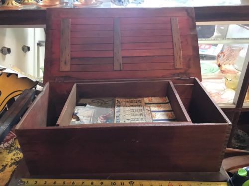 Antique Wood , 22x12 inch box with sliding tray, asian design on top, dove tail