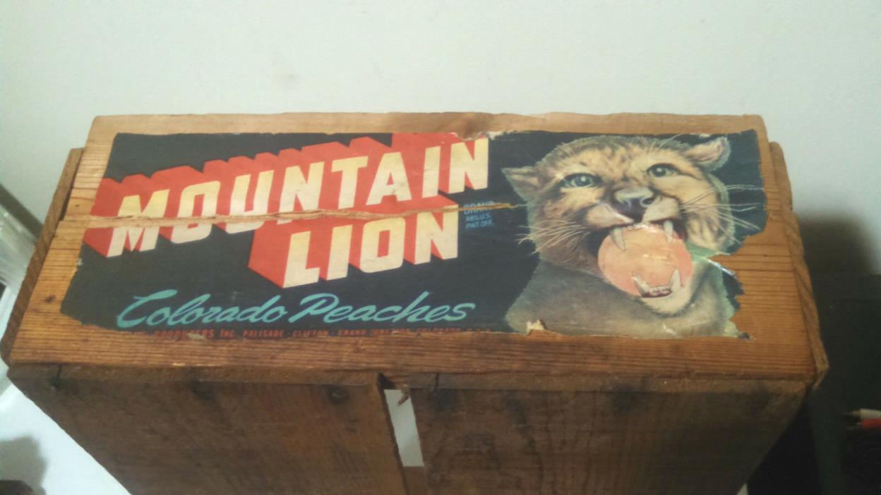 MOUNTAIN LION Vintage Wood Fruit Crate Box COLORADO PEACHES Paper Label