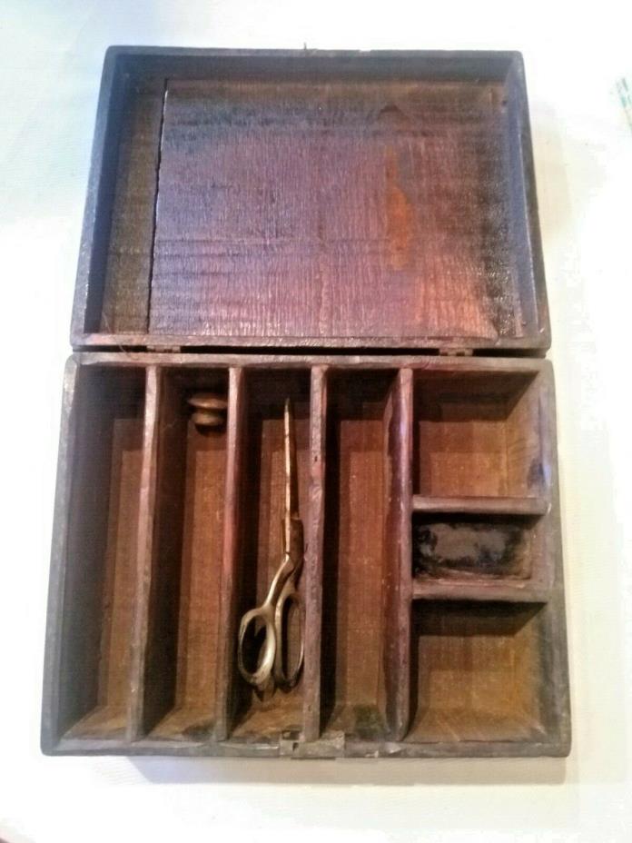 antique TRAMP ART BOX chest 1800's wooden primitive art old sewing pin cushion