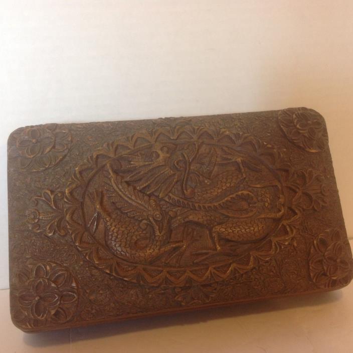 Lovely Vintage Hand Carved Intricate Wood Box Dragon Folk Art Primitive Chinese