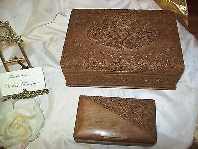 Antique Hand Carved Walnut Jewelry Box SET Large & Small with Blue Velvet Lined