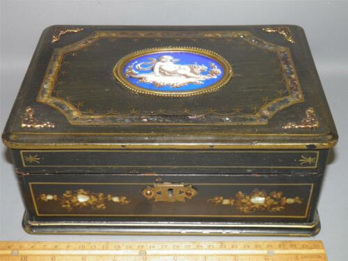 ANTIQUE VICTORIAN WOOD LACQUER MOTHER OF PEARL INLAY JEWELRY TRINKET BOX