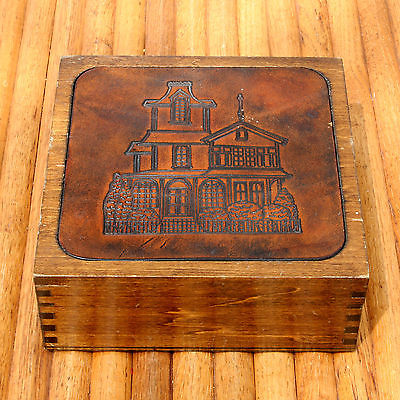 Vintage Hand Crafted Wood Box With Victorian House Leather Inlay Top Dovetailed