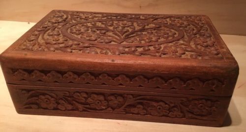 Hand Carved Crafted India Himalayan Wood Stationary Jewelry Trinket Tabaco Box*