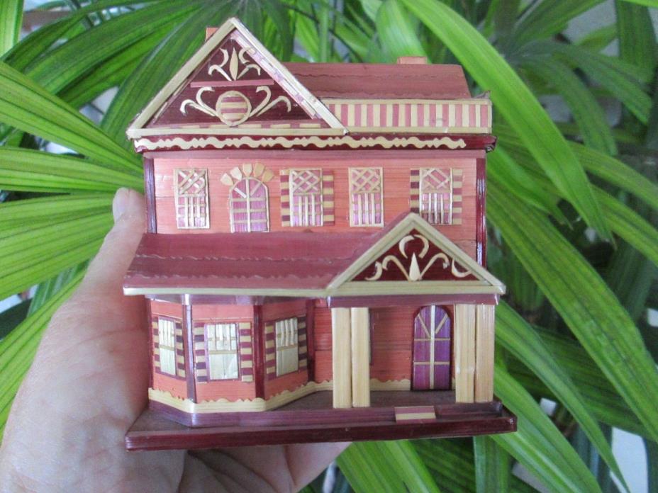 Unique Handmade Wood Stash Hidden Box Victorian House Keepsake Straw Inlay Art