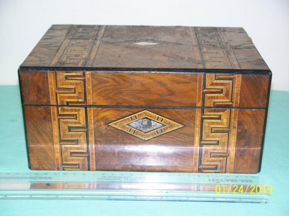 Antique 19th C Victorian Walnut Inlaid Jewelry Trinket Wood Box 10 x 6.5 x 4.5