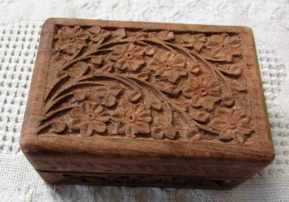 Vintage Lidded Wooden Box With Floral Carvings, Estate Find