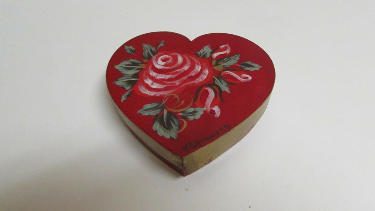 Vintage  Wooden Hand Painted Signed Heart Shaped Box  Gold Edge