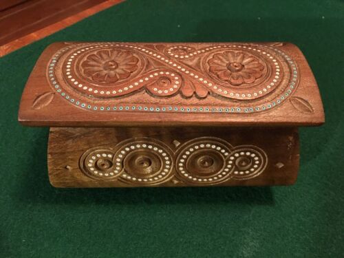 Vintage Carved Wooden Box With Blue And White  Bead Inserts  Set Up On Feet