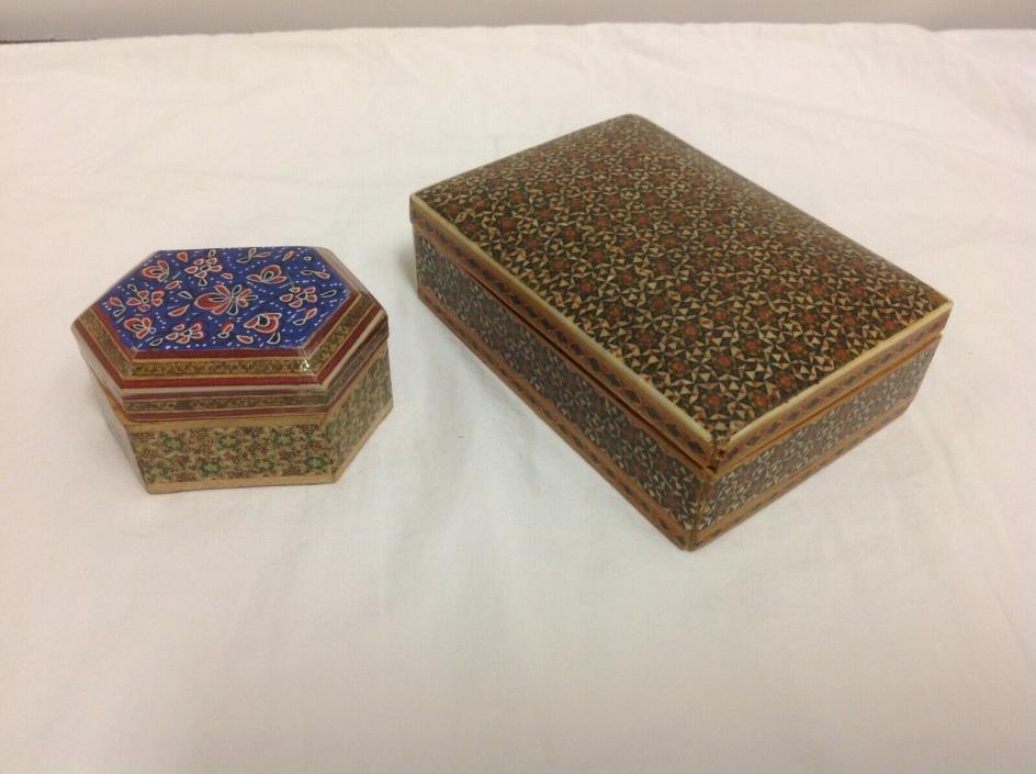Antique pair ornate inlaid boxes unique Arabic