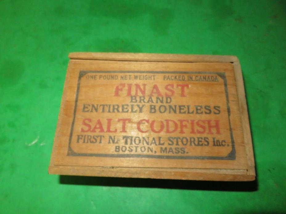 antique Finast Brand Salt Codfish Wood Box w Slide vintage Advertising box