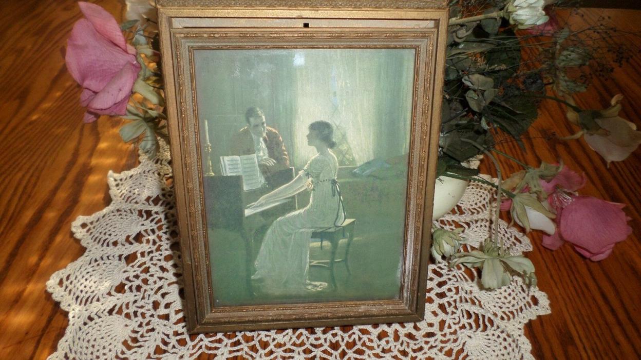 Vtg Antique Wood Man & Woman by Piano Picture Frame Style  Mirror Jewelry Box