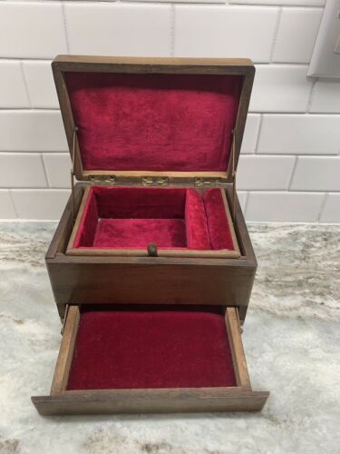 Antique WALNUT  Velvet Lined Collectors Jewelry Wood Box with MAKER'S STAMP