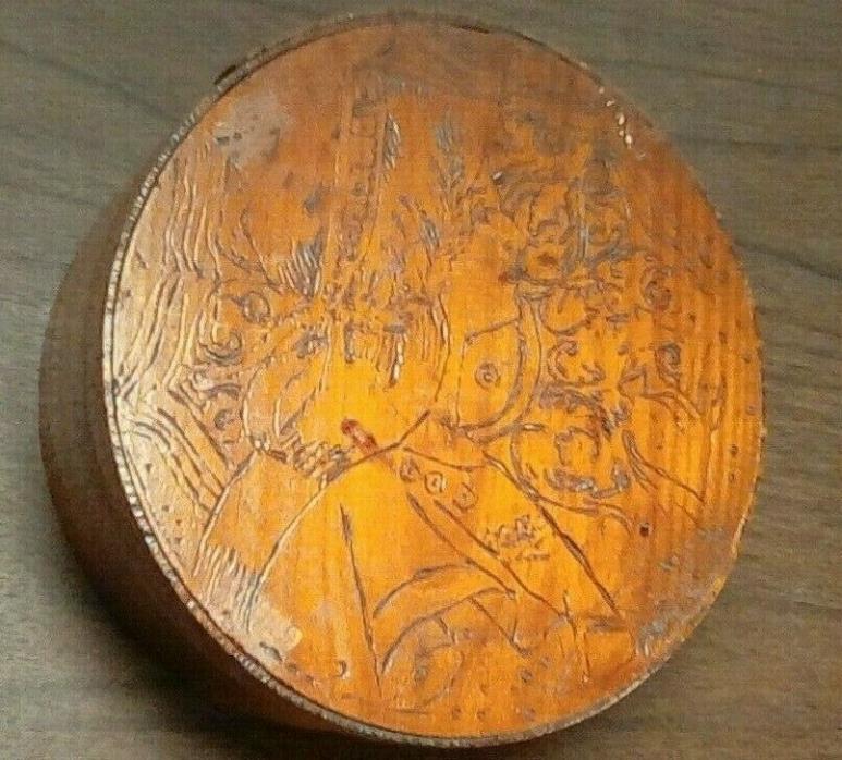 Antique Victorian Woman Burnt Wood Etching Round Pantry Container Box 6.5