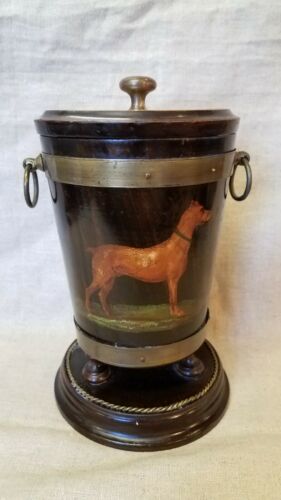 Antique Wood And Brass Paint Decorated  Covered Container w/ dog