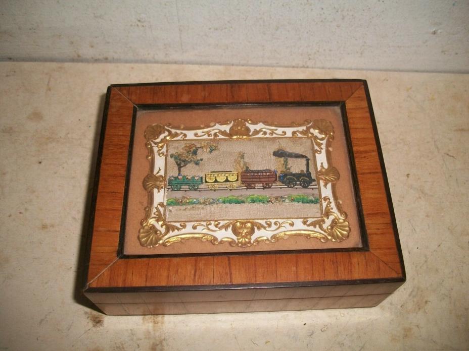 rare inlaid wooden Shadow Box Locomotive Train Rasied Inlay Under Glass People