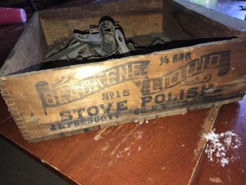 Antique Wooden Store Display Box Blackene Liquid No 15 Stove Polish Jl Prescott