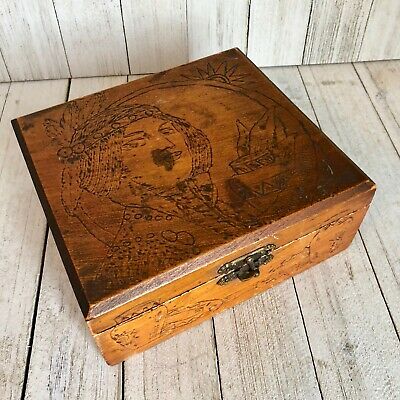 Flemish Art Pyrography Wood Box Native Folky Vintage Antique