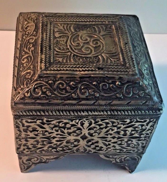 Vintage Tin Box with felt lined interior very unique handmade folk art