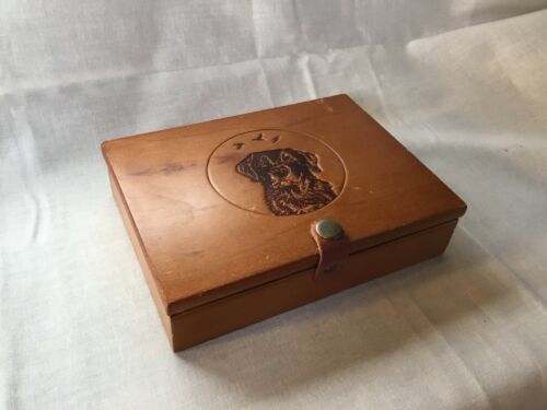 Playing Card Box Wood Dog Vintage Leather Snap Latch
