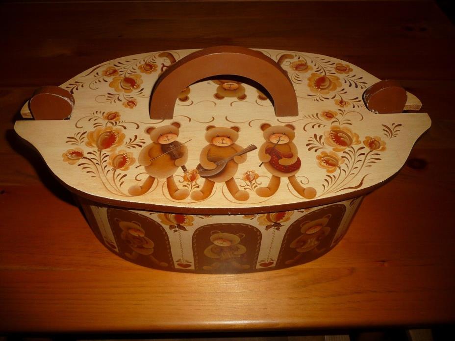 Vintage Hand Painted Oval Lidded Wood Box Teddy Bears Playing Musical Instrument