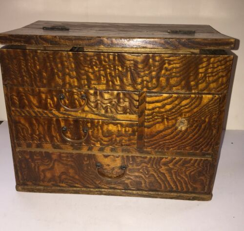 VINTAGE ANTIQUE WOODEN STORAGE BOX FOUR DRAWER WITH LID GRAIN PAINTED 7 X 11 X 9