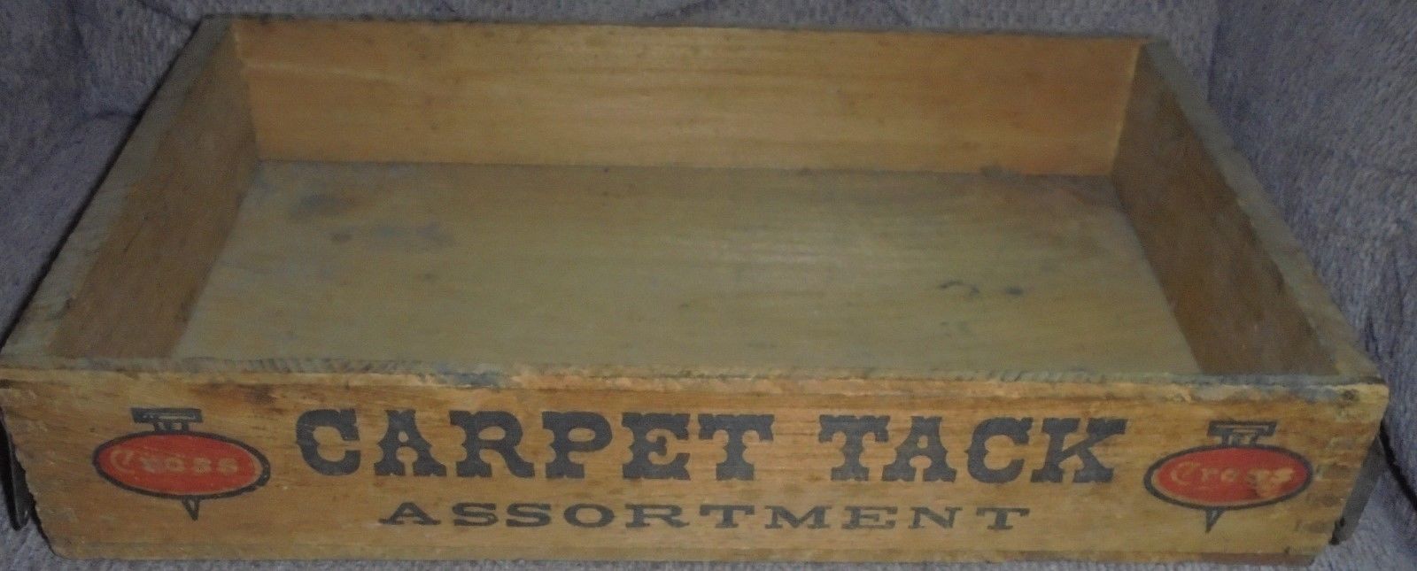 WOOD WOODEN CROSS CARPET ASSORTMENT TACKS CRATE BOX ADVERTISING