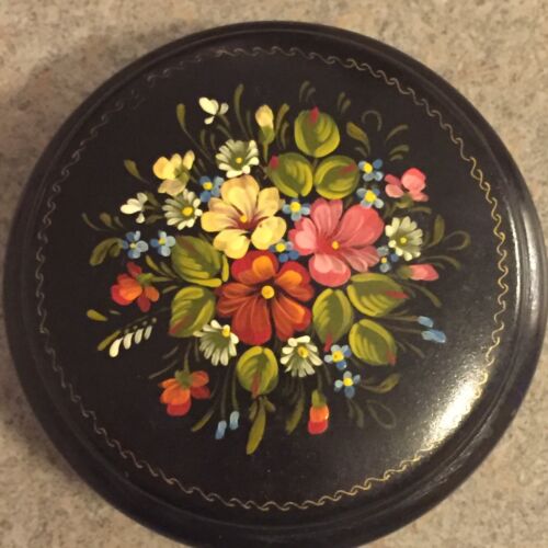 Hand Painted Round Lacquer Trinket Box Floral Motif Red Interior Russia USSR