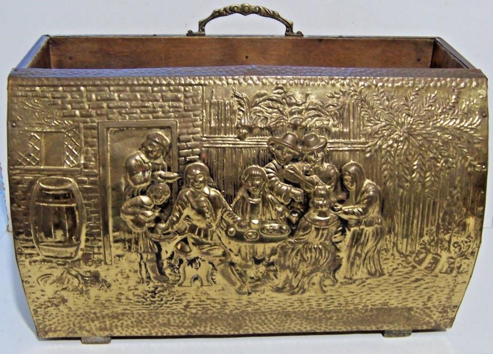 Vintage Lombard England Brass & Wood Magazine Rack Book Holder -Pub Scene