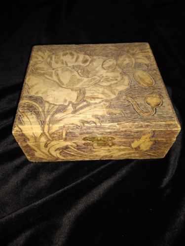 Antique Square Flemish Carved pyrography Wooden Box