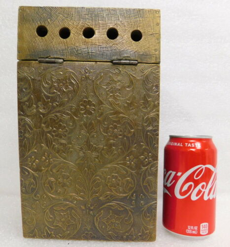 brass tin paneled wood stationery letter desk box pen holder vintage or antique