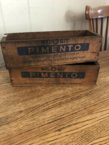 OLD WOOD-WOODEN PIMENTO CHEESE DAIRY MEL-O-BIT PROCESS ADVERTISING BOX CRATE