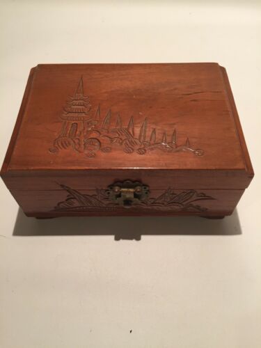 Antique Wooden Box With Hinged Lid Hand Carved Jewelry Mirror Asian Vintage