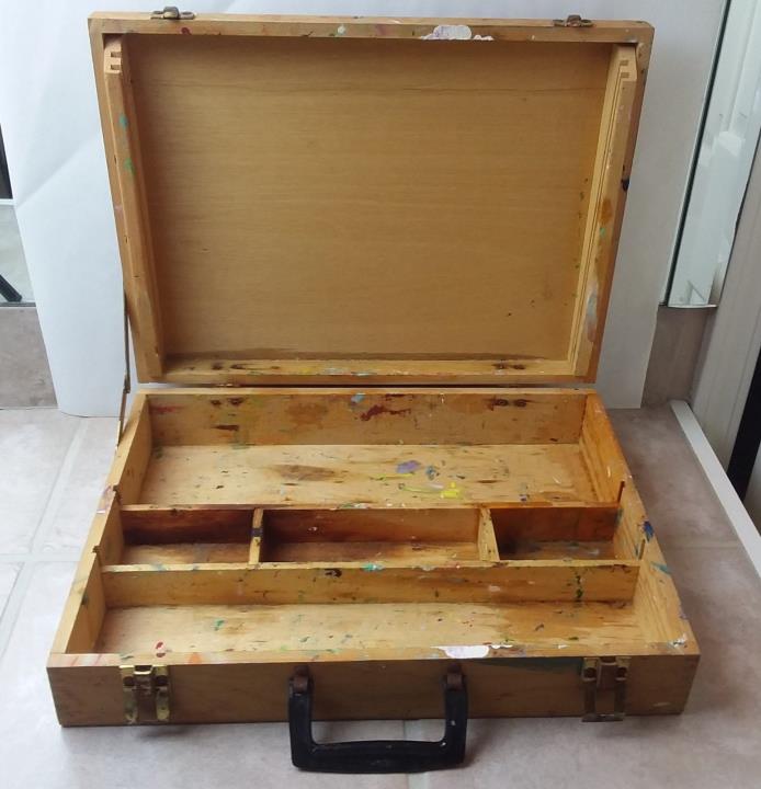 Vintage Wood Artists Art Paint Storage Travel Box Distressed Patina Paint Stains