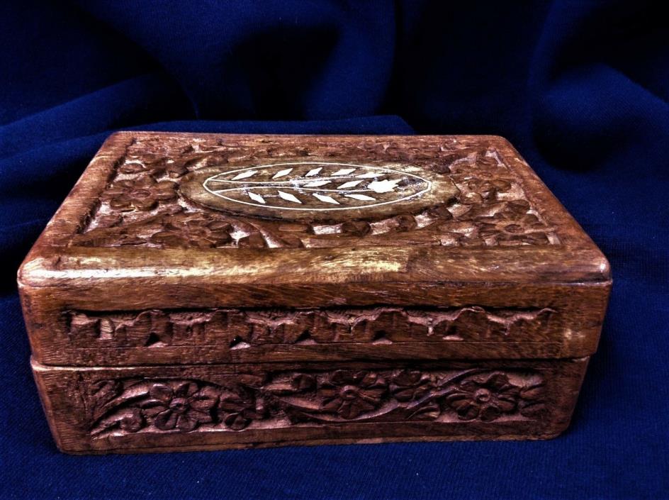 HAND CARVED WOODEN BOX WITH INLAID LID