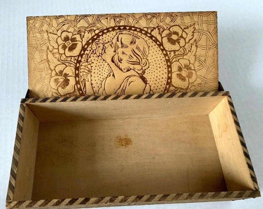 Antique Pyrography Etched Carved Wood Box Tramp Art