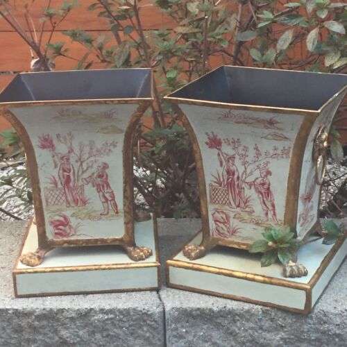 Sarreid Ltd. Toleware Handpainted Planters Set Of 2 Rare Asian Planters Pots