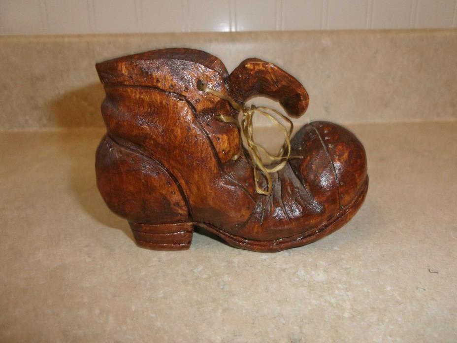 Vintage Small Hand Carved Wooden Shoe With Laces 4.5 Wide X 3-1/4